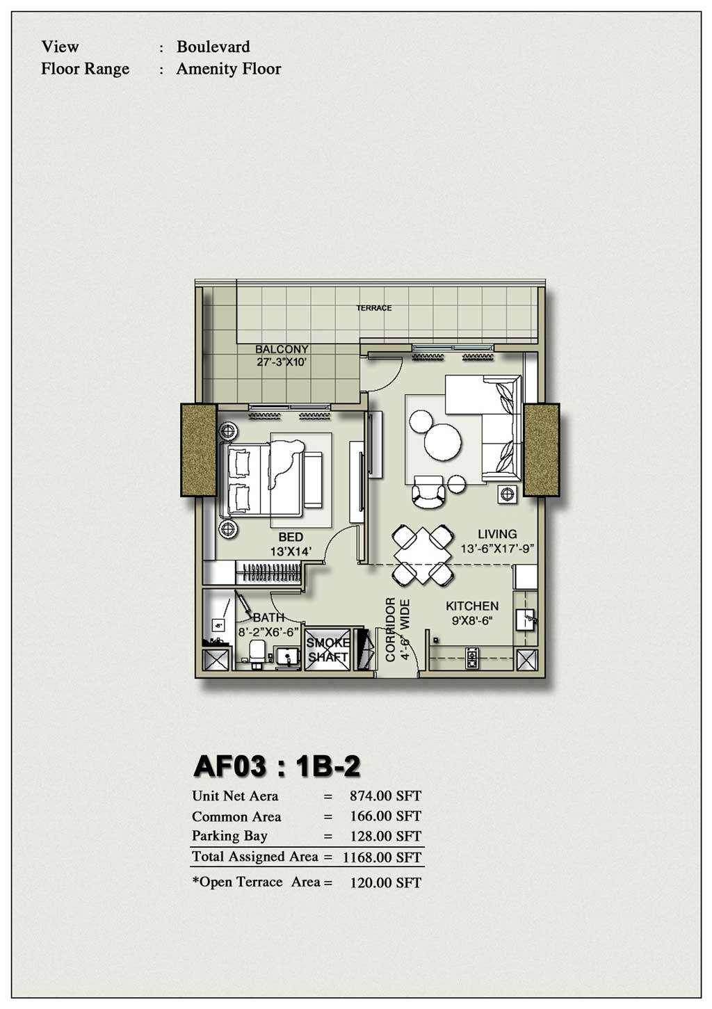 H1 Tower 1-Bedroom Floor Plan Layout 2