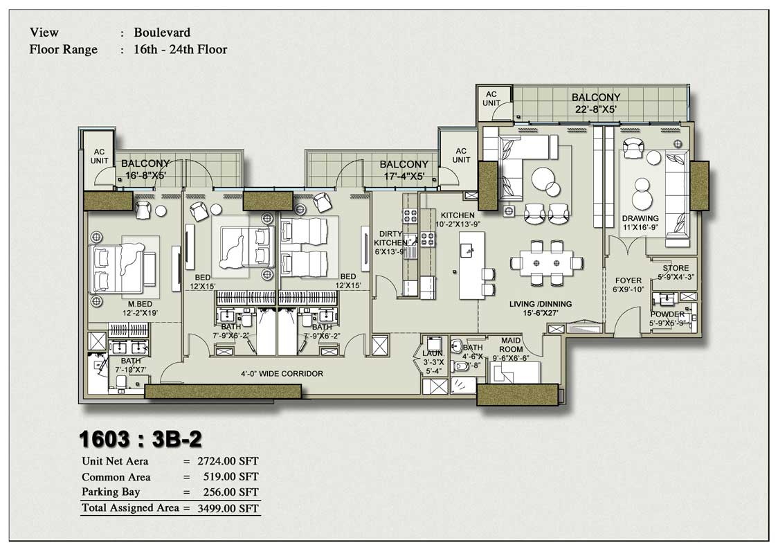 H1 Tower 3-Bedroom Floor Plan Layout 2