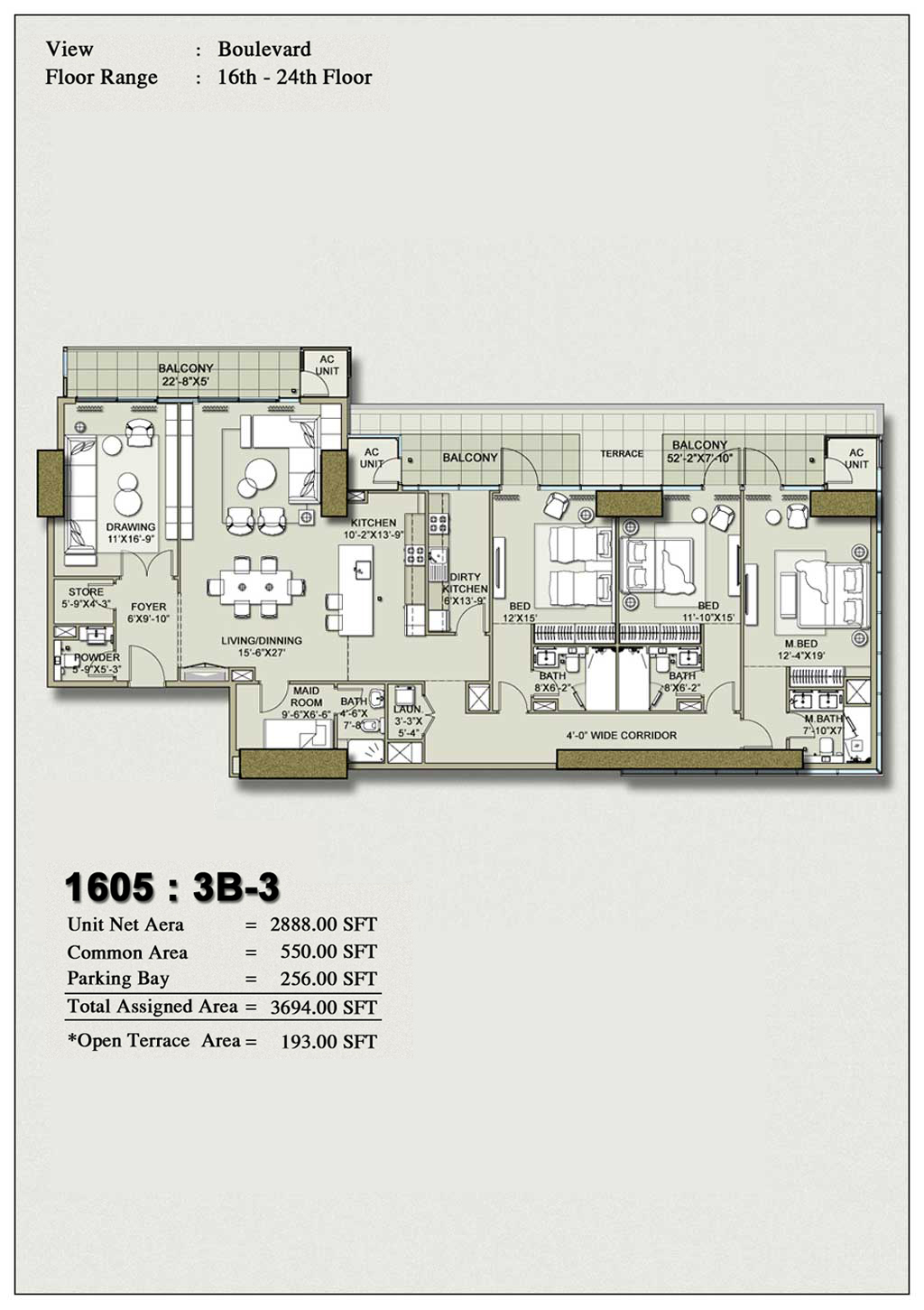 H1 Tower 3-Bedroom Floor Plan Layout 3