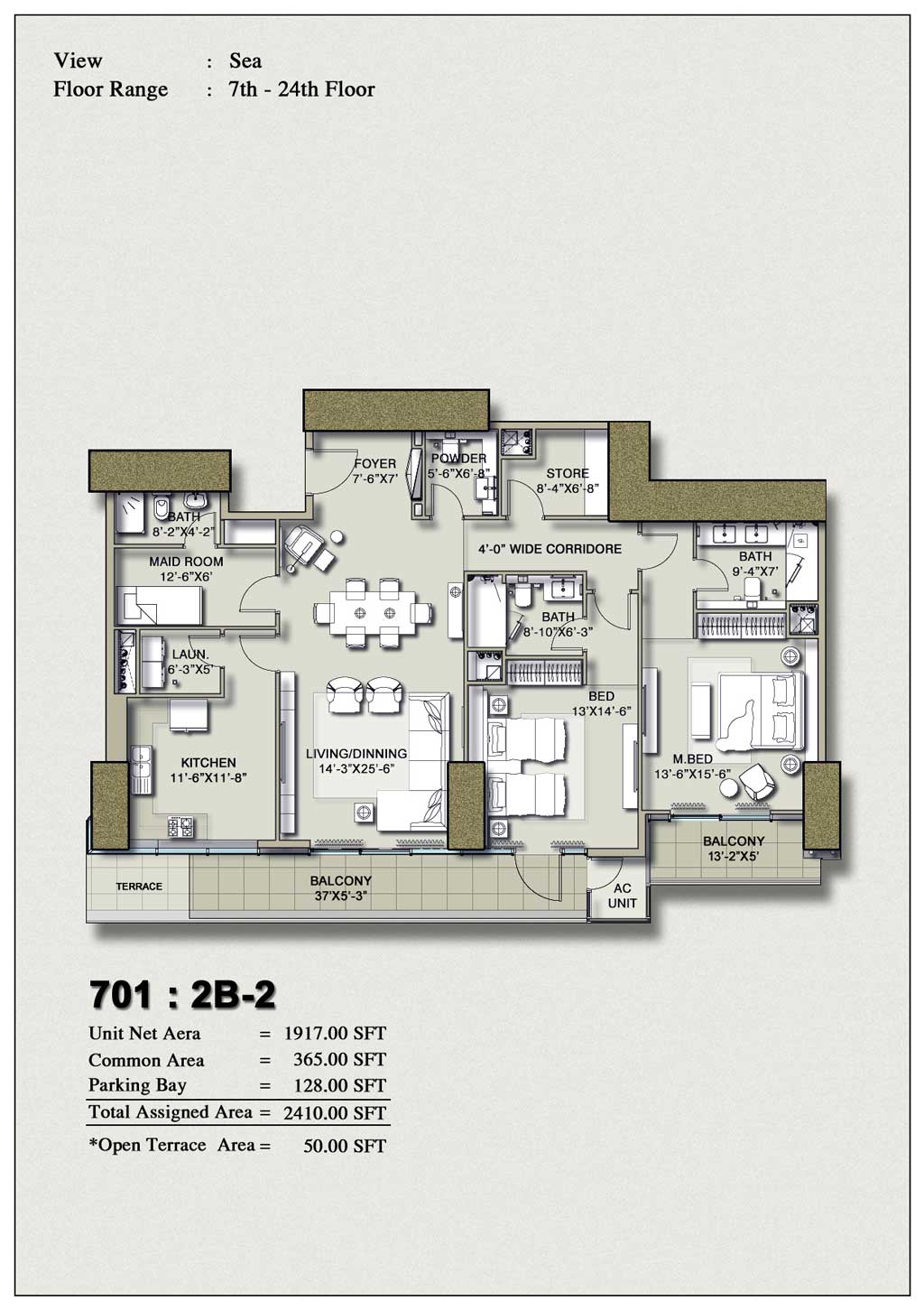 H1 Tower 2-Bedroom Floor Plan Layout 2