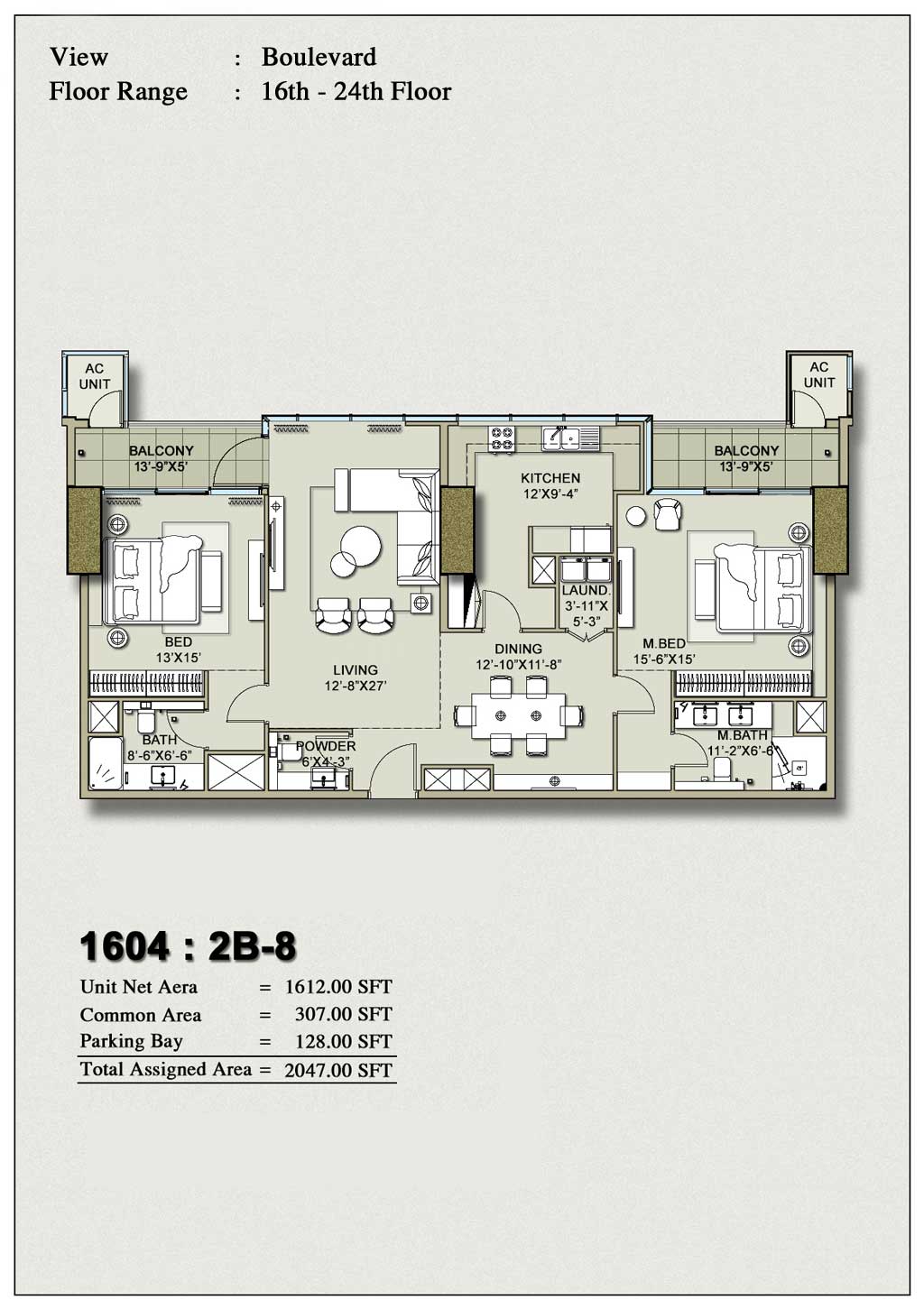 H1 Tower 2-Bedroom Floor Plan Layout 8